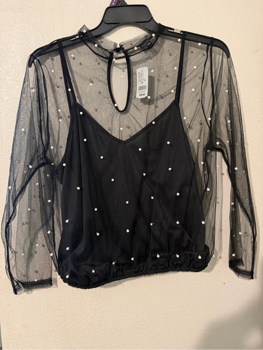 Zenobia Black Sheer Pearl-Embellished Camisole with Overlay
